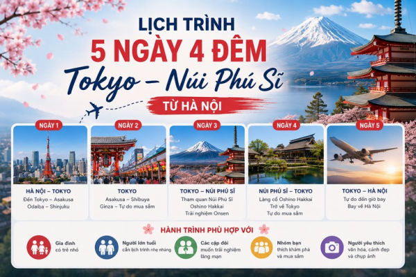 Cung đường Tokyo – Núi Phú Sĩ 5 ngày 4 đêm từ Hà Nội - lịch trình ngày nào đi đâu và hợp với ai?