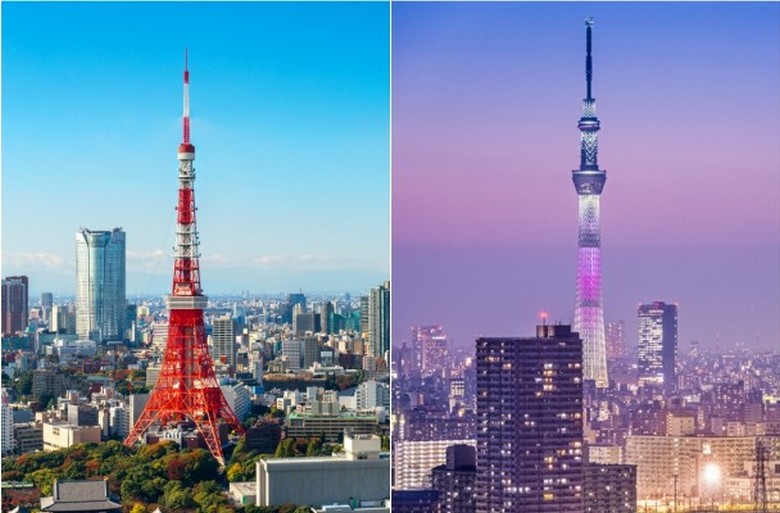 Tháp Tokyo màu đỏ và Tokyo Skytree giữa toàn cảnh thành phố Tokyo