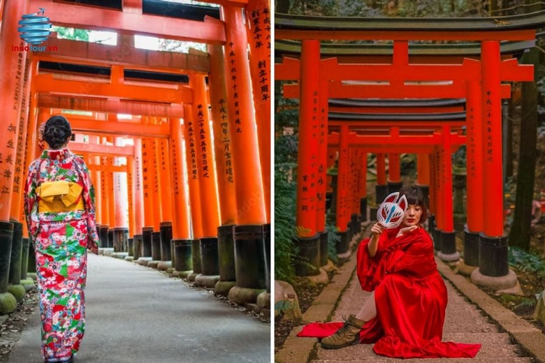 Du khách mặc kimono đứng trước cổng đỏ Fushimi Inari