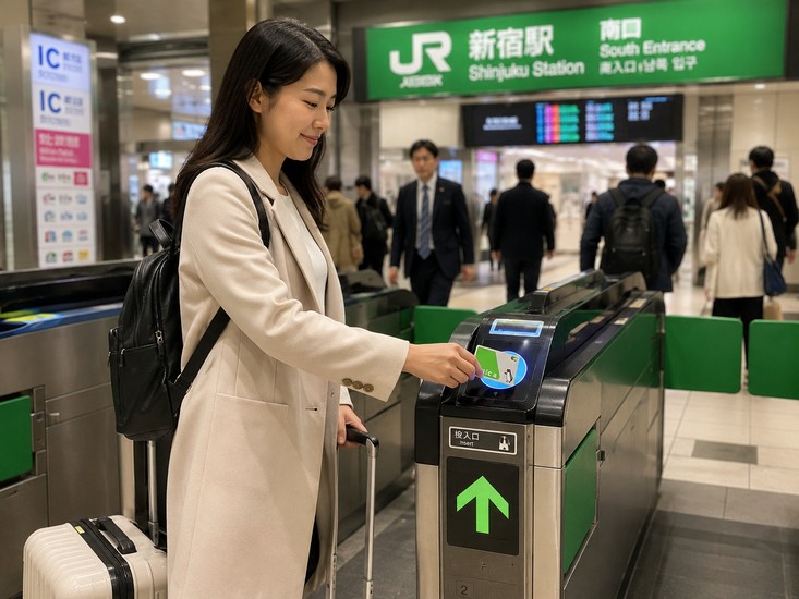 Khách du lịch chạm thẻ IC Suica qua cửa soát vé tàu điện