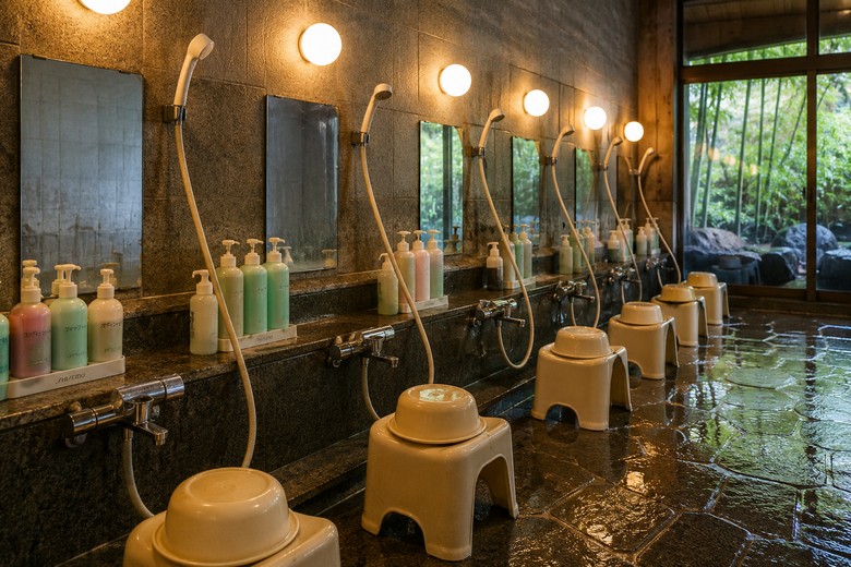 Khu vực vòi tắm ngồi bên trong nhà tắm onsen