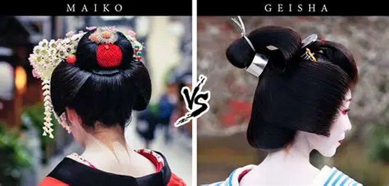 So sánh maiko thật búi tóc cài trâm và khách du lịch mặc kimono tạo dáng