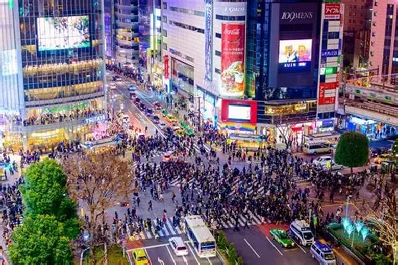 Vạch kẻ đường Shibuya đông người nhìn từ trên cao buổi tối