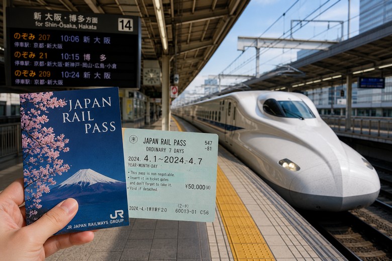 Tấm thẻ JR Pass đặt cạnh sân ga tàu cao tốc Shinkansen