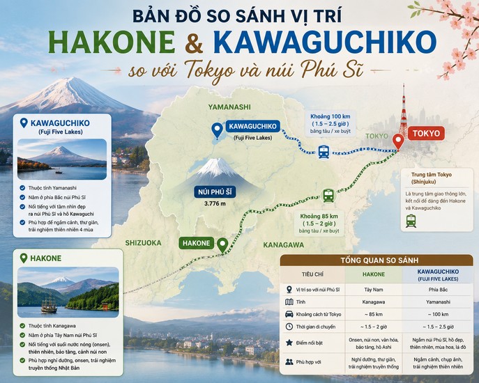 Bản đồ so sánh vị trí Hakone và Kawaguchiko so với Tokyo và núi Phú Sĩ