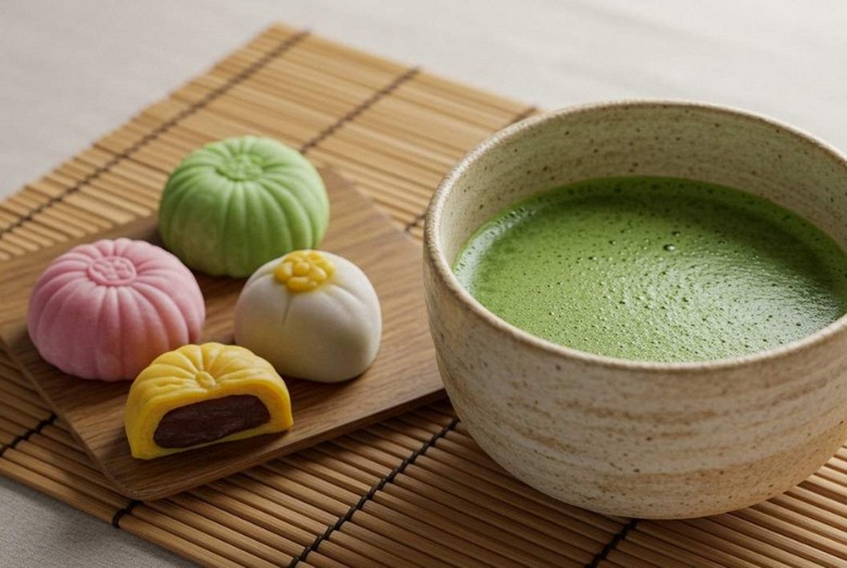 Matcha và bánh wagashi truyền thống trong không gian quán trà Kyoto