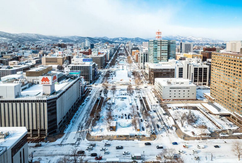 Toàn cảnh thành phố Sapporo phủ tuyết trắng nhìn từ trên cao
