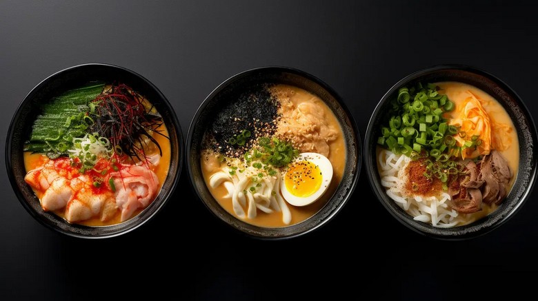 Ba bát ramen đặt cạnh nhau gồm miso Sapporo, shoyu Tokyo và tonkotsu Hakata